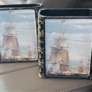 (2) Vtg Wood Maritime American Tall ships  Pencil Holder - Looks Like Books